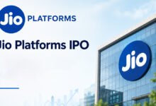 Jio Platforms IPO announcement with stock market trading graph and Reliance logo