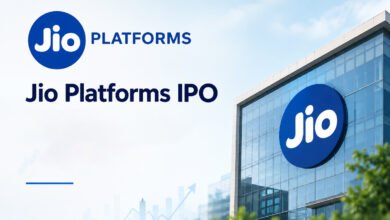 Jio Platforms IPO announcement with stock market trading graph and Reliance logo