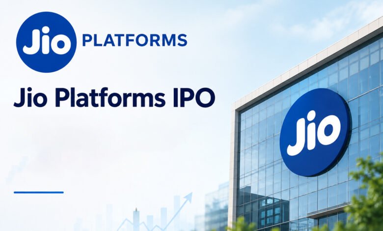 Jio Platforms IPO announcement with stock market trading graph and Reliance logo
